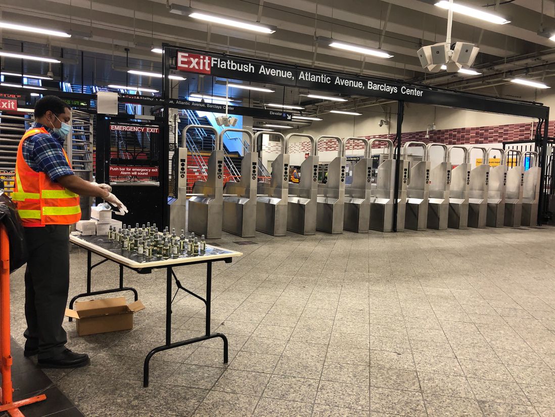 Hand sanitizer station in the subway